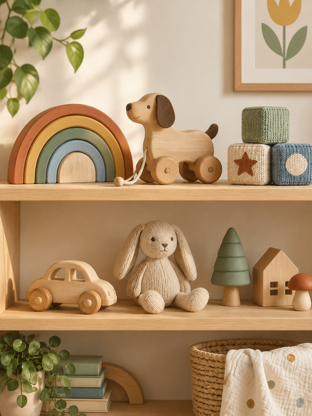 Wooden and knitted toys on a light oak shelf: a stacking rainbow, a pull-along dog, soft blocks, a knitted bunny and a wooden car